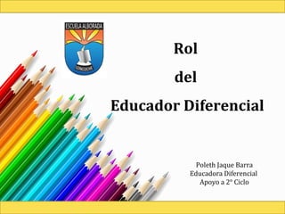 Rol
del
Educador Diferencial
Poleth Jaque Barra
Educadora Diferencial
Apoyo a 2° Ciclo
 