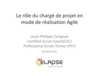 Le rôle du chargé de projet en
  mode de réalisation Agile

       Louis-Philippe Carignan
     Certified Scrum Coach(CSC)
   Professional Scrum Trainer (PST)
              28 février 2012
 