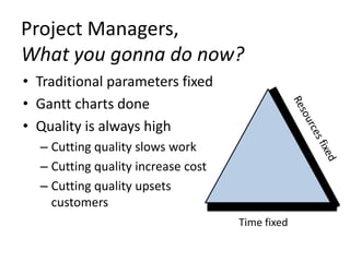 Project Managers,
What you gonna do now?
• Traditional parameters fixed
• Gantt charts done
• Quality is always high
– Cut...