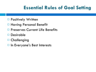 Essential Rules of Goal Setting Positively Written Having Personal Benefit Preserves Current Life Benefits Desirable Challenging In Everyone’s Best Interests 