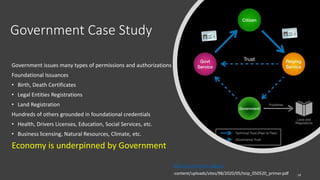 Government Case Study
Government issues many types of permissions and authorizations
Foundational Issuances
• Birth, Death Certificates
• Legal Entities Registrations
• Land Registration
Hundreds of others grounded in foundational credentials
• Health, Drivers Licenses, Education, Social Services, etc.
• Business licensing, Natural Resources, Climate, etc.
Economy is underpinned by Government
https://trustoverip.org/wp
-content/uploads/sites/98/2020/05/toip_050520_primer.pdf 14
 