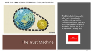 The Trust Machine
The blockchain lets people
who have no particular
confidence in each other
collaborate without having to
go through a neutral central
authority. Simply put, it is a
machine for creating trust.
Source: https://www.economist.com/leaders/2015/10/31/the-trust-machine
15
 
