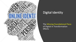 Digital Identity
The Missing Foundational Piece
of Digital in Transformation
Efforts
17
 