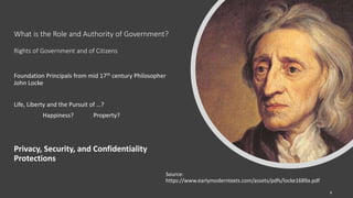 What is the Role and Authority of Government?
Rights of Government and of Citizens
Foundation Principals from mid 17th century Philosopher
John Locke
Life, Liberty and the Pursuit of …?
Happiness? Property?
Privacy, Security, and Confidentiality
Protections
Source:
https://www.earlymoderntexts.com/assets/pdfs/locke1689a.pdf
8
 