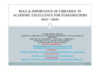 A N I S H M O H A M M A D ,
D E P U T Y L I B R A R I A N & D I G I TA L R E S O U R C E M A N A G E M E N T
1
ROLE & IMPORTANCE OF LIBRARIES IN
ACADEMIC EXCELLENCE FOR STAKEHOLDERS
2017 - 2021
D E P U T Y L I B R A R I A N & D I G I TA L R E S O U R C E M A N A G E M E N T
E X P E RT,
H O U S E O F W I S D O M : C E N T R A L L I B R A RY ,
S U R E S H G YA N V I H A R U N I V E R S I T Y
J A I P U R - 3 0 2 0 1 7 R A J A S T H A N
E M A I L A D D R E S S –
A N I S H M O H A M M A D 7 9 @ G M A I L . C O M
A N I S H M O H A M M A D 7 9 @ Y A H O O . I N
L I N K D I N –
W W W . L I N K E D I N . C O M / I N / A N I S H - M O H A M M A D - 4 3 0 8 7 9 2 2 1
T W I T T E R I D –
H T T P S : / / T W I T T E R . C O M / A N I S H A N A S
F A C E B O O K -
H T T P S : / / W W W . F A C E B O O K . C O M / A N I S H . M O H A M M A D . 7
Copy right by Anish Mohammad dt 2017 -2021 Email - anishmohammad79@gmail.com anishmohammad79@yahoo.in
 