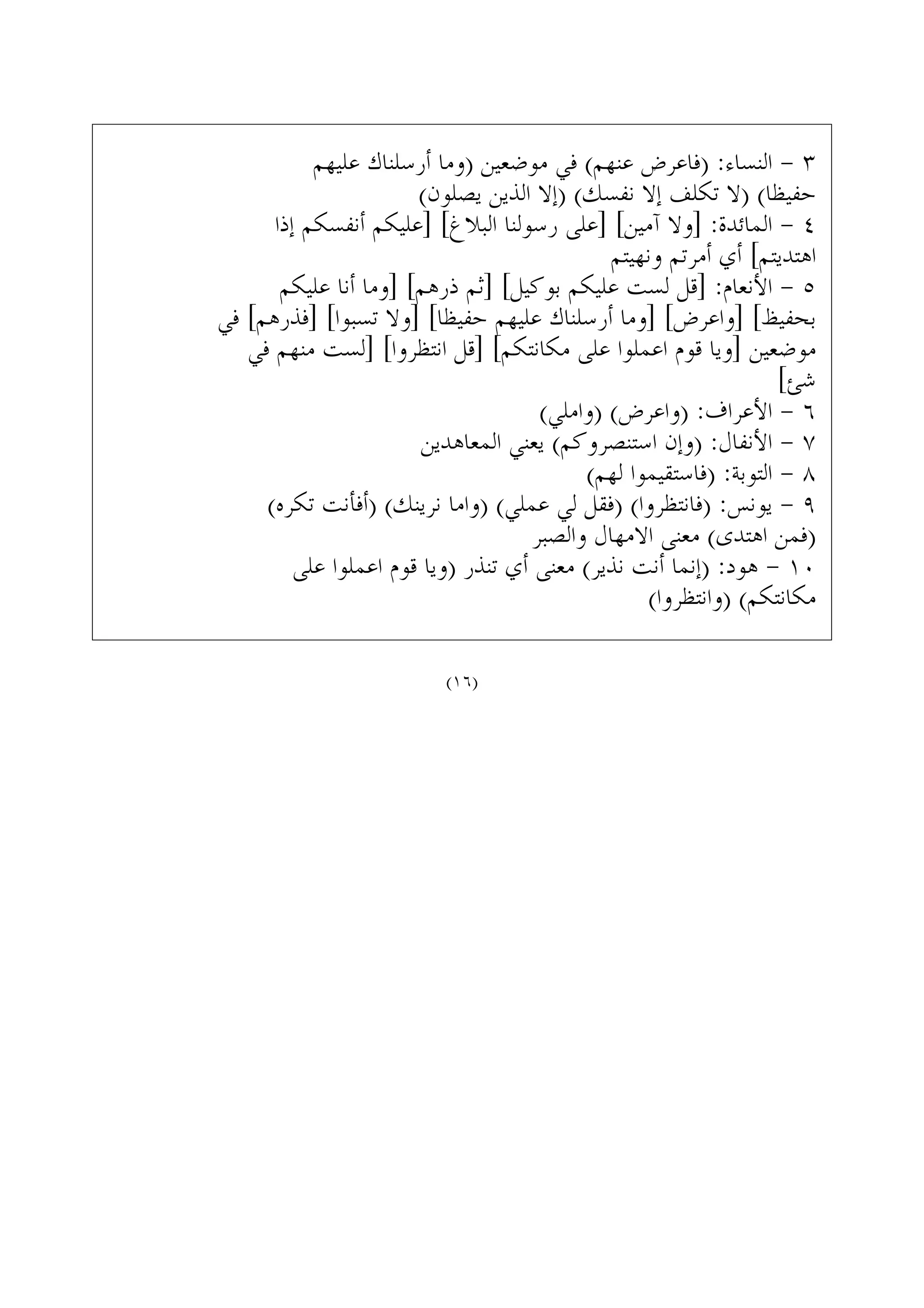 ‫ﻋﻠﻴﻬﻢ‬ ‫ﺃﺭﺳﻠﻨﺎﻙ‬ ‫)ﻭﻣﺎ‬ ‫ﻣﻮﺿﻌﻴﻦ‬ ‫ﻓﻲ‬ (‫ﻋﻨﻬﻢ‬ ‫)ﻓﺎﻋﺮﺽ‬ :‫ﺍﻟﻨﺴﺎﺀ‬ - ٣
(‫ﻳﺼﻠﻮﻥ‬ ‫ﺍﻟﺬﻳﻦ‬ ‫)ﺇﻻ‬ (‫ﻧﻔﺴﻚ‬ ‫ﺇﻻ‬ ‫ﺗﻜﻠﻒ‬ ‫)ﻻ‬ (‫ﺣﻔﻴﻈﺎ‬
‫ﺇﺫﺍ‬ ‫ﺃﻧﻔﺴﻜﻢ‬ ‫]ﻋﻠﻴﻜﻢ‬ [‫ﺍﻟﺒﻼﻍ‬ ‫ﺭﺳﻮﻟﻨﺎ‬ ‫]ﻋﻠﻰ‬ [‫ﺁﻣﻴﻦ‬ ‫]ﻭﻻ‬ :‫ﺍﻟﻤﺎﺋﺪﺓ‬ - ٤
‫ﻭﻧﻬﻴﺘﻢ‬ ‫ﺃﻣﺮﺗﻢ‬ ‫ﺃﻱ‬ [‫ﺍﻫﺘﺪﻳﺘﻢ‬
‫ﻋﻠﻴﻜﻢ‬ ‫ﺃﻧﺎ‬ ‫]ﻭﻣﺎ‬ [‫ﺫﺭﻫﻢ‬ ‫]ﺛﻢ‬ [‫ﺑﻮﻛﻴﻞ‬ ‫ﻋﻠﻴﻜﻢ‬ ‫ﻟﺴﺖ‬ ‫]ﻗﻞ‬ :‫ﺍﻷﻧﻌﺎﻡ‬ - ٥
‫ﻓﻲ‬ [‫]ﻓﺬﺭﻫﻢ‬ [‫ﺗﺴﺒﻮﺍ‬ ‫]ﻭﻻ‬ [‫ﺣﻔﻴﻈﺎ‬ ‫ﻋﻠﻴﻬﻢ‬ ‫ﺃﺭﺳﻠﻨﺎﻙ‬ ‫]ﻭﻣﺎ‬ [‫]ﻭﺍﻋﺮﺽ‬ [‫ﺑﺤﻔﻴﻆ‬
‫ﻓﻲ‬ ‫ﻣﻨﻬﻢ‬ ‫]ﻟﺴﺖ‬ [‫ﺍﻧﺘﻈﺮﻭﺍ‬ ‫]ﻗﻞ‬ [‫ﻣﻜﺎﻧﺘﻜﻢ‬ ‫ﻋﻠﻰ‬ ‫ﺍﻋﻤﻠﻮﺍ‬ ‫ﻗﻮﻡ‬ ‫]ﻭﻳﺎ‬ ‫ﻣﻮﺿﻌﻴﻦ‬
[‫ﺷﺊ‬
(‫)ﻭﺍﻣﻠﻲ‬ (‫)ﻭﺍﻋﺮﺽ‬ :‫ﺍﻷﻋﺮﺍﻑ‬ - ٦
‫ﺍﻟﻤﻌﺎﻫﺪﻳﻦ‬ ‫ﻳﻌﻨﻲ‬ (‫ﺍﺳﺘﻨﺼﺮﻭﻛﻢ‬ ‫)ﻭﺇﻥ‬ :‫ﺍﻷﻧﻔﺎﻝ‬ - ٧
(‫ﻟﻬﻢ‬ ‫)ﻓﺎﺳﺘﻘﻴﻤﻮﺍ‬ :‫ﺍﻟﺘﻮﺑﺔ‬ - ٨
(‫ﺗﻜﺮﻩ‬ ‫)ﺃﻓﺄﻧﺖ‬ (‫ﻧﺮﻳﻨﻚ‬ ‫)ﻭﺍﻣﺎ‬ (‫ﻋﻤﻠﻲ‬ ‫ﻟﻲ‬ ‫)ﻓﻘﻞ‬ (‫)ﻓﺎﻧﺘﻈﺮﻭﺍ‬ :‫ﻳﻮﻧﺲ‬ - ٩
‫ﻭﺍﻟﺼﺒﺮ‬ ‫ﺍﻻﻣﻬﺎﻝ‬ ‫ﻣﻌﻨﻰ‬ (‫ﺍﻫﺘﺪﻯ‬ ‫)ﻓﻤﻦ‬
‫ﻋﻠﻰ‬ ‫ﺍﻋﻤﻠﻮﺍ‬ ‫ﻗﻮﻡ‬ ‫)ﻭﻳﺎ‬ ‫ﺗﻨﺬﺭ‬ ‫ﺃﻱ‬ ‫ﻣﻌﻨﻰ‬ (‫ﻧﺬﻳﺮ‬ ‫ﺃﻧﺖ‬ ‫)ﺇﻧﻤﺎ‬ :‫ﻫﻮﺩ‬ - ١٠
(‫)ﻭﺍﻧﺘﻈﺮﻭﺍ‬ (‫ﻣﻜﺎﻧﺘﻜﻢ‬
(١٦)
 