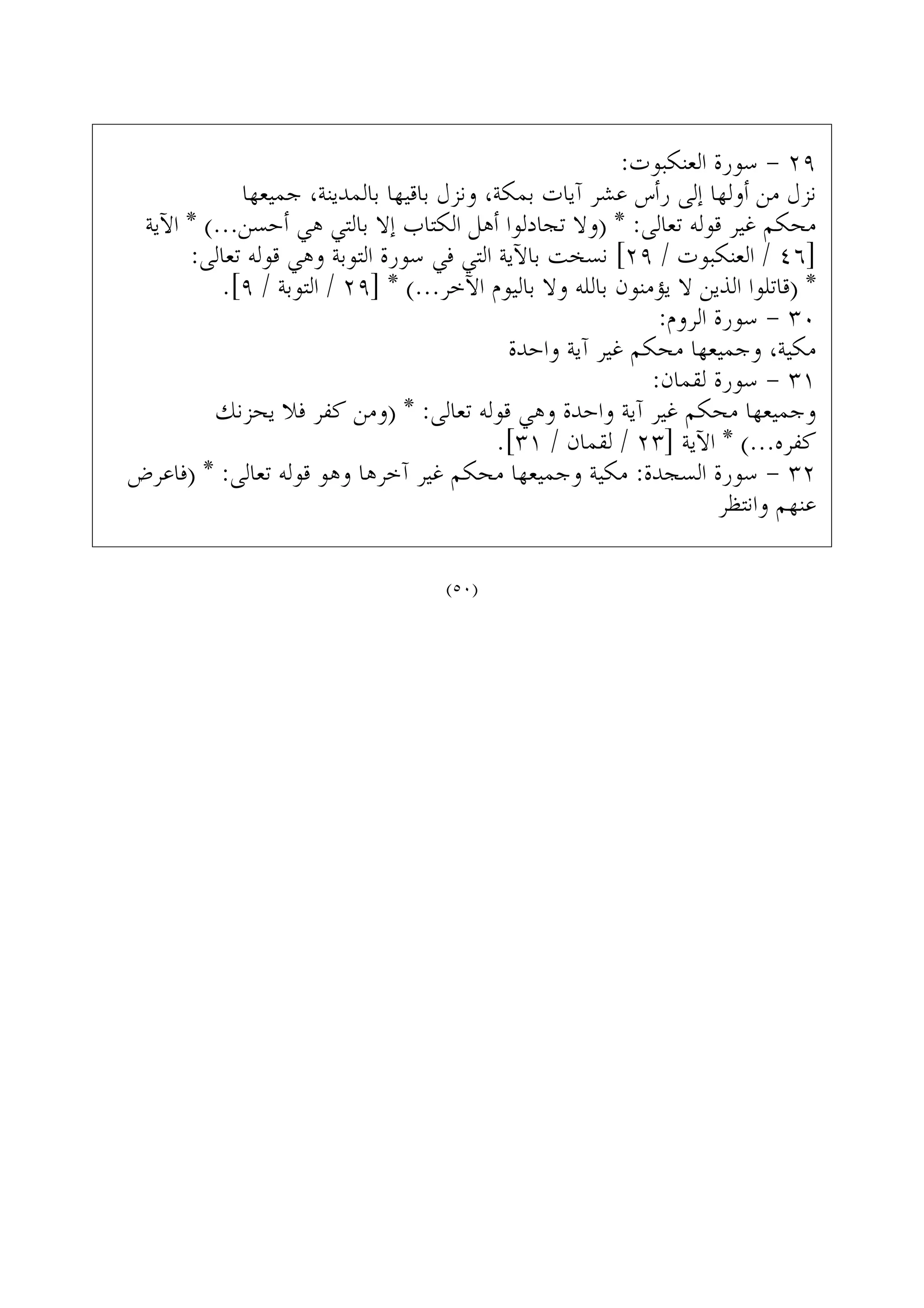 :‫ﺍﻟﻌﻨﻜﺒﻮﺕ‬ ‫ﺳﻮﺭﺓ‬ - ٢٩
‫ﺟﻤﻴﻌﻬﺎ‬ ،‫ﺑﺎﻟﻤﺪﻳﻨﺔ‬ ‫ﺑﺎﻗﻴﻬﺎ‬ ‫ﻭﻧﺰﻝ‬ ،‫ﺑﻤﻜﺔ‬ ‫ﺁﻳﺎﺕ‬ ‫ﻋﺸﺮ‬ ‫ﺭﺃﺱ‬ ‫ﺇﻟﻰ‬ ‫ﺃﻭﻟﻬﺎ‬ ‫ﻣﻦ‬ ‫ﻧﺰﻝ‬
‫ﺍﻵﻳﺔ‬ * (...‫ﺃﺣﺴﻦ‬ ‫ﻫﻲ‬ ‫ﺑﺎﻟﺘﻲ‬ ‫ﺇﻻ‬ ‫ﺍﻟﻜﺘﺎﺏ‬ ‫ﺃﻫﻞ‬ ‫ﺗﺠﺎﺩﻟﻮﺍ‬ ‫)ﻭﻻ‬ * :‫ﺗﻌﺎﻟﻰ‬ ‫ﻗﻮﻟﻪ‬ ‫ﻏﻴﺮ‬ ‫ﻣﺤﻜﻢ‬
:‫ﺗﻌﺎﻟﻰ‬ ‫ﻗﻮﻟﻪ‬ ‫ﻭﻫﻲ‬ ‫ﺍﻟﺘﻮﺑﺔ‬ ‫ﺳﻮﺭﺓ‬ ‫ﻓﻲ‬ ‫ﺍﻟﺘﻲ‬ ‫ﺑﺎﻵﻳﺔ‬ ‫ﻧﺴﺨﺖ‬ [٢٩ / ‫ﺍﻟﻌﻨﻜﺒﻮﺕ‬ / ٤٦]
.[٩ / ‫ﺍﻟﺘﻮﺑﺔ‬ / ٢٩] * (...‫ﺍﻵﺧﺮ‬ ‫ﺑﺎﻟﻴﻮﻡ‬ ‫ﻭﻻ‬ ‫ﺑﺎﻟﻠﻪ‬ ‫ﻳﺆﻣﻨﻮﻥ‬ ‫ﻻ‬ ‫ﺍﻟﺬﻳﻦ‬ ‫)ﻗﺎﺗﻠﻮﺍ‬ *
:‫ﺍﻟﺮﻭﻡ‬ ‫ﺳﻮﺭﺓ‬ - ٣٠
‫ﻭﺍﺣﺪﺓ‬ ‫ﺁﻳﺔ‬ ‫ﻏﻴﺮ‬ ‫ﻣﺤﻜﻢ‬ ‫ﻭﺟﻤﻴﻌﻬﺎ‬ ،‫ﻣﻜﻴﺔ‬
:‫ﻟﻘﻤﺎﻥ‬ ‫ﺳﻮﺭﺓ‬ - ٣١
‫ﻳﺤﺰﻧﻚ‬ ‫ﻓﻼ‬ ‫ﻛﻔﺮ‬ ‫)ﻭﻣﻦ‬ * :‫ﺗﻌﺎﻟﻰ‬ ‫ﻗﻮﻟﻪ‬ ‫ﻭﻫﻲ‬ ‫ﻭﺍﺣﺪﺓ‬ ‫ﺁﻳﺔ‬ ‫ﻏﻴﺮ‬ ‫ﻣﺤﻜﻢ‬ ‫ﻭﺟﻤﻴﻌﻬﺎ‬
.[٣١ / ‫ﻟﻘﻤﺎﻥ‬ / ٢٣] ‫ﺍﻵﻳﺔ‬ * (...‫ﻛﻔﺮﻩ‬
‫)ﻓﺎﻋﺮﺽ‬ * :‫ﺗﻌﺎﻟﻰ‬ ‫ﻗﻮﻟﻪ‬ ‫ﻭﻫﻮ‬ ‫ﺁﺧﺮﻫﺎ‬ ‫ﻏﻴﺮ‬ ‫ﻣﺤﻜﻢ‬ ‫ﻭﺟﻤﻴﻌﻬﺎ‬ ‫ﻣﻜﻴﺔ‬ :‫ﺍﻟﺴﺠﺪﺓ‬ ‫ﺳﻮﺭﺓ‬ - ٣٢
‫ﻭﺍﻧﺘﻈﺮ‬ ‫ﻋﻨﻬﻢ‬
(٥٠)
 