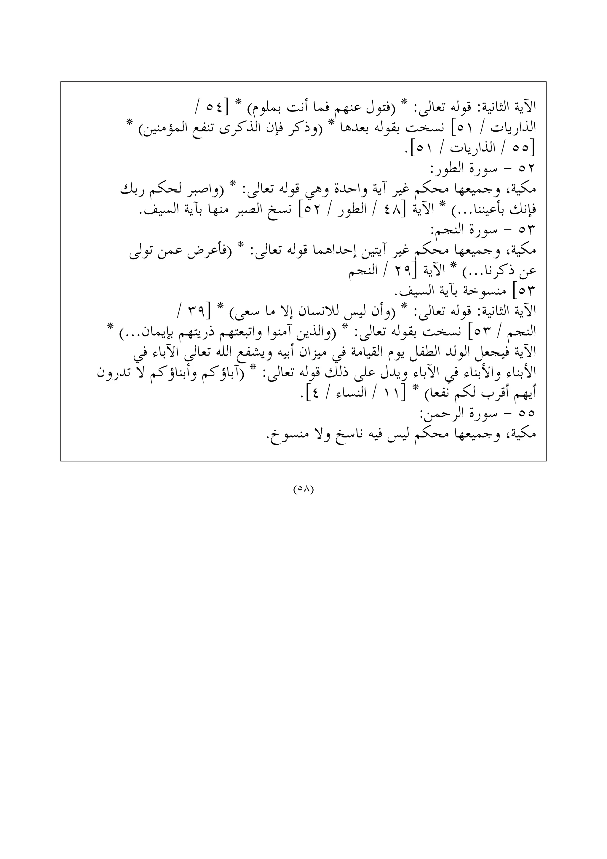 / ٥٤] * (‫ﺑﻤﻠﻮﻡ‬ ‫ﺃﻧﺖ‬ ‫ﻓﻤﺎ‬ ‫ﻋﻨﻬﻢ‬ ‫)ﻓﺘﻮﻝ‬ * :‫ﺗﻌﺎﻟﻰ‬ ‫ﻗﻮﻟﻪ‬ :‫ﺍﻟﺜﺎﻧﻴﺔ‬ ‫ﺍﻵﻳﺔ‬
* (‫ﺍﻟﻤﺆﻣﻨﻴﻦ‬ ‫ﺗﻨﻔﻊ‬ ‫ﺍﻟﺬﻛﺮﻯ‬ ‫ﻓﺈﻥ‬ ‫)ﻭﺫﻛﺮ‬ * ‫ﺑﻌﺪﻫﺎ‬ ‫ﺑﻘﻮﻟﻪ‬ ‫ﻧﺴﺨﺖ‬ [٥١ / ‫ﺍﻟﺬﺍﺭﻳﺎﺕ‬
.[٥١ / ‫ﺍﻟﺬﺍﺭﻳﺎﺕ‬ / ٥٥]
:‫ﺍﻟﻄﻮﺭ‬ ‫ﺳﻮﺭﺓ‬ - ٥٢
‫ﺭﺑﻚ‬ ‫ﻟﺤﻜﻢ‬ ‫)ﻭﺍﺻﺒﺮ‬ * :‫ﺗﻌﺎﻟﻰ‬ ‫ﻗﻮﻟﻪ‬ ‫ﻭﻫﻲ‬ ‫ﻭﺍﺣﺪﺓ‬ ‫ﺁﻳﺔ‬ ‫ﻏﻴﺮ‬ ‫ﻣﺤﻜﻢ‬ ‫ﻭﺟﻤﻴﻌﻬﺎ‬ ،‫ﻣﻜﻴﺔ‬
.‫ﺍﻟﺴﻴﻒ‬ ‫ﺑﺂﻳﺔ‬ ‫ﻣﻨﻬﺎ‬ ‫ﺍﻟﺼﺒﺮ‬ ‫ﻧﺴﺦ‬ [٥٢ / ‫ﺍﻟﻄﻮﺭ‬ / ٤٨] ‫ﺍﻵﻳﺔ‬ * (...‫ﺑﺄﻋﻴﻨﻨﺎ‬ ‫ﻓﺈﻧﻚ‬
:‫ﺍﻟﻨﺠﻢ‬ ‫ﺳﻮﺭﺓ‬ - ٥٣
‫ﺗﻮﻟﻰ‬ ‫ﻋﻤﻦ‬ ‫)ﻓﺄﻋﺮﺽ‬ * :‫ﺗﻌﺎﻟﻰ‬ ‫ﻗﻮﻟﻪ‬ ‫ﺇﺣﺪﺍﻫﻤﺎ‬ ‫ﺁﻳﺘﻴﻦ‬ ‫ﻏﻴﺮ‬ ‫ﻣﺤﻜﻢ‬ ‫ﻭﺟﻤﻴﻌﻬﺎ‬ ،‫ﻣﻜﻴﺔ‬
‫ﺍﻟﻨﺠﻢ‬ / ٢٩] ‫ﺍﻵﻳﺔ‬ * (...‫ﺫﻛﺮﻧﺎ‬ ‫ﻋﻦ‬
.‫ﺍﻟﺴﻴﻒ‬ ‫ﺑﺂﻳﺔ‬ ‫ﻣﻨﺴﻮﺧﺔ‬ [٥٣
/ ٣٩] * (‫ﺳﻌﻰ‬ ‫ﻣﺎ‬ ‫ﺇﻻ‬ ‫ﻟﻼﻧﺴﺎﻥ‬ ‫ﻟﻴﺲ‬ ‫)ﻭﺃﻥ‬ * :‫ﺗﻌﺎﻟﻰ‬ ‫ﻗﻮﻟﻪ‬ :‫ﺍﻟﺜﺎﻧﻴﺔ‬ ‫ﺍﻵﻳﺔ‬
* (...‫ﺑﺈﻳﻤﺎﻥ‬ ‫ﺫﺭﻳﺘﻬﻢ‬ ‫ﻭﺍﺗﺒﻌﺘﻬﻢ‬ ‫ﺁﻣﻨﻮﺍ‬ ‫)ﻭﺍﻟﺬﻳﻦ‬ * :‫ﺗﻌﺎﻟﻰ‬ ‫ﺑﻘﻮﻟﻪ‬ ‫ﻧﺴﺨﺖ‬ [٥٣ / ‫ﺍﻟﻨﺠﻢ‬
‫ﻓﻲ‬ ‫ﺍﻵﺑﺎﺀ‬ ‫ﺗﻌﺎﻟﻰ‬ ‫ﺍﻟﻠﻪ‬ ‫ﻭﻳﺸﻔﻊ‬ ‫ﺃﺑﻴﻪ‬ ‫ﻣﻴﺰﺍﻥ‬ ‫ﻓﻲ‬ ‫ﺍﻟﻘﻴﺎﻣﺔ‬ ‫ﻳﻮﻡ‬ ‫ﺍﻟﻄﻔﻞ‬ ‫ﺍﻟﻮﻟﺪ‬ ‫ﻓﻴﺠﻌﻞ‬ ‫ﺍﻵﻳﺔ‬
‫ﺗﺪﺭﻭﻥ‬ ‫ﻻ‬ ‫ﻭﺃﺑﻨﺎﺅﻛﻢ‬ ‫)ﺁﺑﺎﺅﻛﻢ‬ * :‫ﺗﻌﺎﻟﻰ‬ ‫ﻗﻮﻟﻪ‬ ‫ﺫﻟﻚ‬ ‫ﻋﻠﻰ‬ ‫ﻭﻳﺪﻝ‬ ‫ﺍﻵﺑﺎﺀ‬ ‫ﻓﻲ‬ ‫ﻭﺍﻷﺑﻨﺎﺀ‬ ‫ﺍﻷﺑﻨﺎﺀ‬
.[٤ / ‫ﺍﻟﻨﺴﺎﺀ‬ / ١١] * (‫ﻧﻔﻌﺎ‬ ‫ﻟﻜﻢ‬ ‫ﺃﻗﺮﺏ‬ ‫ﺃﻳﻬﻢ‬
:‫ﺍﻟﺮﺣﻤﻦ‬ ‫ﺳﻮﺭﺓ‬ - ٥٥
.‫ﻣﻨﺴﻮﺥ‬ ‫ﻭﻻ‬ ‫ﻧﺎﺳﺦ‬ ‫ﻓﻴﻪ‬ ‫ﻟﻴﺲ‬ ‫ﻣﺤﻜﻢ‬ ‫ﻭﺟﻤﻴﻌﻬﺎ‬ ،‫ﻣﻜﻴﺔ‬
(٥٨)
 