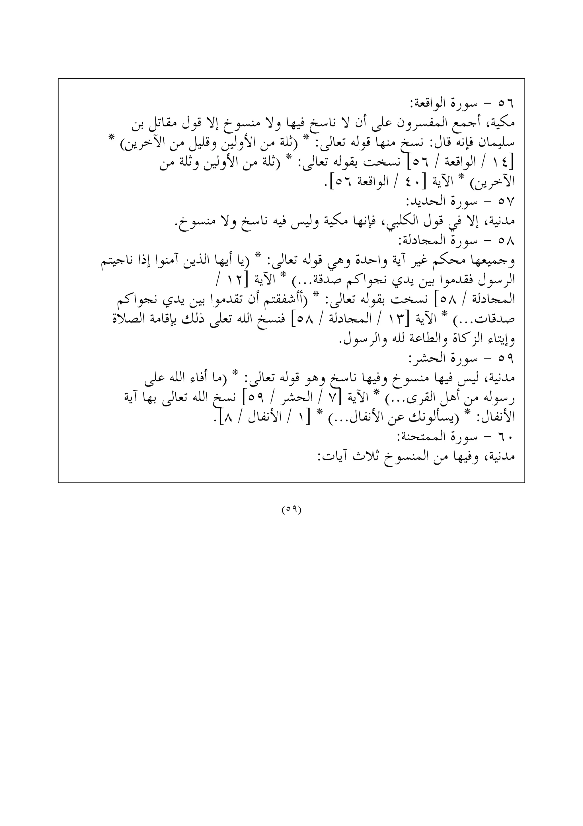 :‫ﺍﻟﻮﺍﻗﻌﺔ‬ ‫ﺳﻮﺭﺓ‬ - ٥٦
‫ﺑﻦ‬ ‫ﻣﻘﺎﺗﻞ‬ ‫ﻗﻮﻝ‬ ‫ﺇﻻ‬ ‫ﻣﻨﺴﻮﺥ‬ ‫ﻭﻻ‬ ‫ﻓﻴﻬﺎ‬ ‫ﻧﺎﺳﺦ‬ ‫ﻻ‬ ‫ﺃﻥ‬ ‫ﻋﻠﻰ‬ ‫ﺍﻟﻤﻔﺴﺮﻭﻥ‬ ‫ﺃﺟﻤﻊ‬ ،‫ﻣﻜﻴﺔ‬
* (‫ﺍﻵﺧﺮﻳﻦ‬ ‫ﻣﻦ‬ ‫ﻭﻗﻠﻴﻞ‬ ‫ﺍﻷﻭﻟﻴﻦ‬ ‫ﻣﻦ‬ ‫)ﺛﻠﺔ‬ * :‫ﺗﻌﺎﻟﻰ‬ ‫ﻗﻮﻟﻪ‬ ‫ﻣﻨﻬﺎ‬ ‫ﻧﺴﺦ‬ :‫ﻗﺎﻝ‬ ‫ﻓﺈﻧﻪ‬ ‫ﺳﻠﻴﻤﺎﻥ‬
‫ﻣﻦ‬ ‫ﻭﺛﻠﺔ‬ ‫ﺍﻷﻭﻟﻴﻦ‬ ‫ﻣﻦ‬ ‫)ﺛﻠﺔ‬ * :‫ﺗﻌﺎﻟﻰ‬ ‫ﺑﻘﻮﻟﻪ‬ ‫ﻧﺴﺨﺖ‬ [٥٦ / ‫ﺍﻟﻮﺍﻗﻌﺔ‬ / ١٤]
.[٥٦ ‫ﺍﻟﻮﺍﻗﻌﺔ‬ / ٤٠] ‫ﺍﻵﻳﺔ‬ * (‫ﺍﻵﺧﺮﻳﻦ‬
:‫ﺍﻟﺤﺪﻳﺪ‬ ‫ﺳﻮﺭﺓ‬ - ٥٧
.‫ﻣﻨﺴﻮﺥ‬ ‫ﻭﻻ‬ ‫ﻧﺎﺳﺦ‬ ‫ﻓﻴﻪ‬ ‫ﻭﻟﻴﺲ‬ ‫ﻣﻜﻴﺔ‬ ‫ﻓﺈﻧﻬﺎ‬ ،‫ﺍﻟﻜﻠﺒﻲ‬ ‫ﻗﻮﻝ‬ ‫ﻓﻲ‬ ‫ﺇﻻ‬ ،‫ﻣﺪﻧﻴﺔ‬
:‫ﺍﻟﻤﺠﺎﺩﻟﺔ‬ ‫ﺳﻮﺭﺓ‬ - ٥٨
‫ﻧﺎﺟﻴﺘﻢ‬ ‫ﺇﺫﺍ‬ ‫ﺁﻣﻨﻮﺍ‬ ‫ﺍﻟﺬﻳﻦ‬ ‫ﺃﻳﻬﺎ‬ ‫)ﻳﺎ‬ * :‫ﺗﻌﺎﻟﻰ‬ ‫ﻗﻮﻟﻪ‬ ‫ﻭﻫﻲ‬ ‫ﻭﺍﺣﺪﺓ‬ ‫ﺁﻳﺔ‬ ‫ﻏﻴﺮ‬ ‫ﻣﺤﻜﻢ‬ ‫ﻭﺟﻤﻴﻌﻬﺎ‬
/ ١٢] ‫ﺍﻵﻳﺔ‬ * (...‫ﺻﺪﻗﺔ‬ ‫ﻧﺠﻮﺍﻛﻢ‬ ‫ﻳﺪﻱ‬ ‫ﺑﻴﻦ‬ ‫ﻓﻘﺪﻣﻮﺍ‬ ‫ﺍﻟﺮﺳﻮﻝ‬
‫ﻧﺠﻮﺍﻛﻢ‬ ‫ﻳﺪﻱ‬ ‫ﺑﻴﻦ‬ ‫ﺗﻘﺪﻣﻮﺍ‬ ‫ﺃﻥ‬ ‫)ﺃﺃﺷﻔﻘﺘﻢ‬ * :‫ﺗﻌﺎﻟﻰ‬ ‫ﺑﻘﻮﻟﻪ‬ ‫ﻧﺴﺨﺖ‬ [٥٨ / ‫ﺍﻟﻤﺠﺎﺩﻟﺔ‬
‫ﺍﻟﺼﻼﺓ‬ ‫ﺑﺈﻗﺎﻣﺔ‬ ‫ﺫﻟﻚ‬ ‫ﺗﻌﻠﻰ‬ ‫ﺍﻟﻠﻪ‬ ‫ﻓﻨﺴﺦ‬ [٥٨ / ‫ﺍﻟﻤﺠﺎﺩﻟﺔ‬ / ١٣] ‫ﺍﻵﻳﺔ‬ * (...‫ﺻﺪﻗﺎﺕ‬
.‫ﻭﺍﻟﺮﺳﻮﻝ‬ ‫ﻟﻠﻪ‬ ‫ﻭﺍﻟﻄﺎﻋﺔ‬ ‫ﺍﻟﺰﻛﺎﺓ‬ ‫ﻭﺇﻳﺘﺎﺀ‬
:‫ﺍﻟﺤﺸﺮ‬ ‫ﺳﻮﺭﺓ‬ - ٥٩
‫ﻋﻠﻰ‬ ‫ﺍﻟﻠﻪ‬ ‫ﺃﻓﺎﺀ‬ ‫)ﻣﺎ‬ * :‫ﺗﻌﺎﻟﻰ‬ ‫ﻗﻮﻟﻪ‬ ‫ﻭﻫﻮ‬ ‫ﻧﺎﺳﺦ‬ ‫ﻭﻓﻴﻬﺎ‬ ‫ﻣﻨﺴﻮﺥ‬ ‫ﻓﻴﻬﺎ‬ ‫ﻟﻴﺲ‬ ،‫ﻣﺪﻧﻴﺔ‬
‫ﺁﻳﺔ‬ ‫ﺑﻬﺎ‬ ‫ﺗﻌﺎﻟﻰ‬ ‫ﺍﻟﻠﻪ‬ ‫ﻧﺴﺦ‬ [٥٩ / ‫ﺍﻟﺤﺸﺮ‬ / ٧] ‫ﺍﻵﻳﺔ‬ * (...‫ﺍﻟﻘﺮﻯ‬ ‫ﺃﻫﻞ‬ ‫ﻣﻦ‬ ‫ﺭﺳﻮﻟﻪ‬
.[٨ / ‫ﺍﻷﻧﻔﺎﻝ‬ / ١] * (...‫ﺍﻷﻧﻔﺎﻝ‬ ‫ﻋﻦ‬ ‫)ﻳﺴﺄﻟﻮﻧﻚ‬ * :‫ﺍﻷﻧﻔﺎﻝ‬
:‫ﺍﻟﻤﻤﺘﺤﻨﺔ‬ ‫ﺳﻮﺭﺓ‬ - ٦٠
:‫ﺁﻳﺎﺕ‬ ‫ﺛﻼﺙ‬ ‫ﺍﻟﻤﻨﺴﻮﺥ‬ ‫ﻣﻦ‬ ‫ﻭﻓﻴﻬﺎ‬ ،‫ﻣﺪﻧﻴﺔ‬
(٥٩)
 