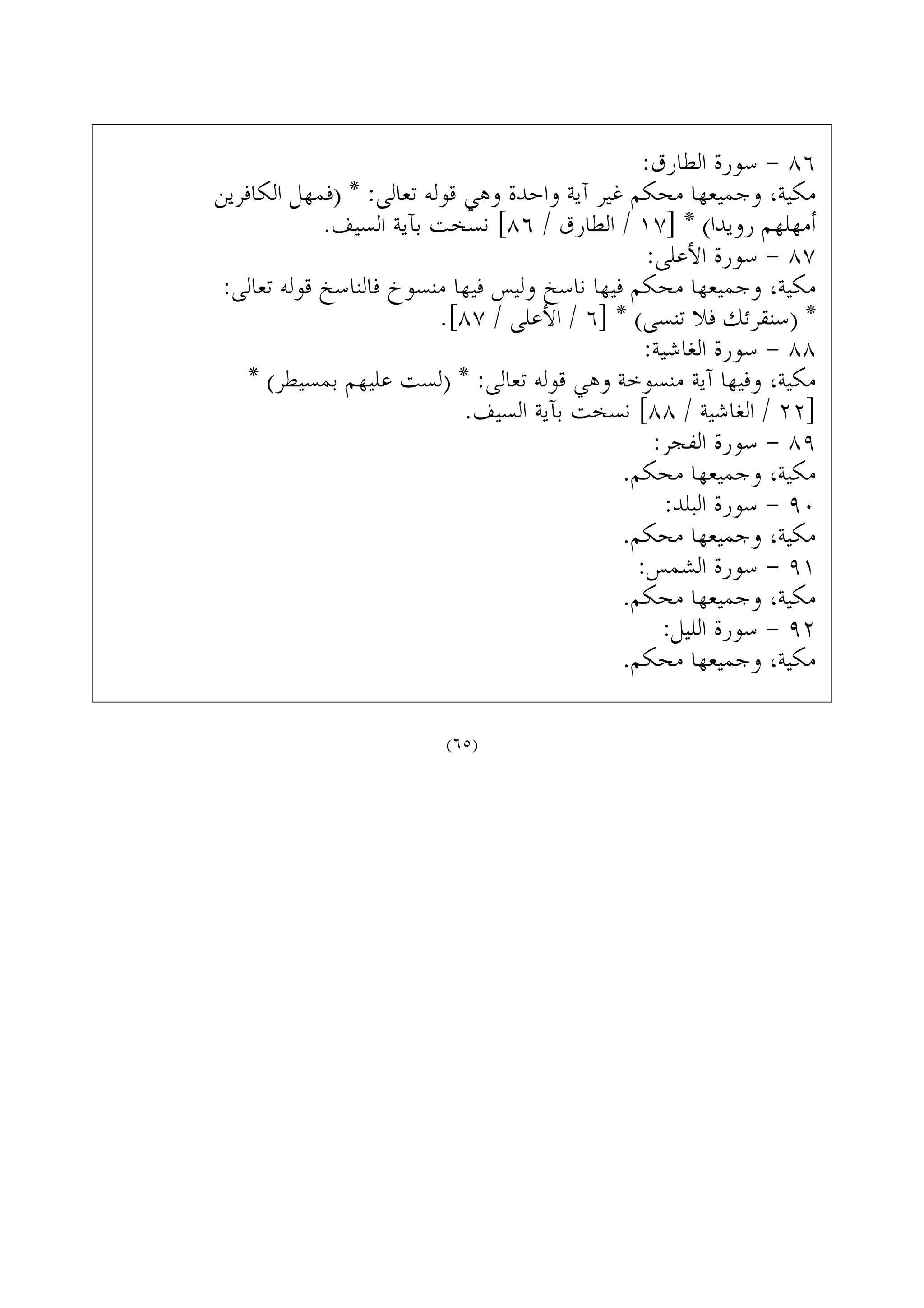 :‫ﺍﻟﻄﺎﺭﻕ‬ ‫ﺳﻮﺭﺓ‬ - ٨٦
‫ﺍﻟﻜﺎﻓﺮﻳﻦ‬ ‫)ﻓﻤﻬﻞ‬ * :‫ﺗﻌﺎﻟﻰ‬ ‫ﻗﻮﻟﻪ‬ ‫ﻭﻫﻲ‬ ‫ﻭﺍﺣﺪﺓ‬ ‫ﺁﻳﺔ‬ ‫ﻏﻴﺮ‬ ‫ﻣﺤﻜﻢ‬ ‫ﻭﺟﻤﻴﻌﻬﺎ‬ ،‫ﻣﻜﻴﺔ‬
.‫ﺍﻟﺴﻴﻒ‬ ‫ﺑﺂﻳﺔ‬ ‫ﻧﺴﺨﺖ‬ [٨٦ / ‫ﺍﻟﻄﺎﺭﻕ‬ / ١٧] * (‫ﺭﻭﻳﺪﺍ‬ ‫ﺃﻣﻬﻠﻬﻢ‬
:‫ﺍﻷﻋﻠﻰ‬ ‫ﺳﻮﺭﺓ‬ - ٨٧
:‫ﺗﻌﺎﻟﻰ‬ ‫ﻗﻮﻟﻪ‬ ‫ﻓﺎﻟﻨﺎﺳﺦ‬ ‫ﻣﻨﺴﻮﺥ‬ ‫ﻓﻴﻬﺎ‬ ‫ﻭﻟﻴﺲ‬ ‫ﻧﺎﺳﺦ‬ ‫ﻓﻴﻬﺎ‬ ‫ﻣﺤﻜﻢ‬ ‫ﻭﺟﻤﻴﻌﻬﺎ‬ ،‫ﻣﻜﻴﺔ‬
.[٨٧ / ‫ﺍﻷﻋﻠﻰ‬ / ٦] * (‫ﺗﻨﺴﻰ‬ ‫ﻓﻼ‬ ‫)ﺳﻨﻘﺮﺋﻚ‬ *
:‫ﺍﻟﻐﺎﺷﻴﺔ‬ ‫ﺳﻮﺭﺓ‬ - ٨٨
* (‫ﺑﻤﺴﻴﻄﺮ‬ ‫ﻋﻠﻴﻬﻢ‬ ‫)ﻟﺴﺖ‬ * :‫ﺗﻌﺎﻟﻰ‬ ‫ﻗﻮﻟﻪ‬ ‫ﻭﻫﻲ‬ ‫ﻣﻨﺴﻮﺧﺔ‬ ‫ﺁﻳﺔ‬ ‫ﻭﻓﻴﻬﺎ‬ ،‫ﻣﻜﻴﺔ‬
.‫ﺍﻟﺴﻴﻒ‬ ‫ﺑﺂﻳﺔ‬ ‫ﻧﺴﺨﺖ‬ [٨٨ / ‫ﺍﻟﻐﺎﺷﻴﺔ‬ / ٢٢]
:‫ﺍﻟﻔﺠﺮ‬ ‫ﺳﻮﺭﺓ‬ - ٨٩
.‫ﻣﺤﻜﻢ‬ ‫ﻭﺟﻤﻴﻌﻬﺎ‬ ،‫ﻣﻜﻴﺔ‬
:‫ﺍﻟﺒﻠﺪ‬ ‫ﺳﻮﺭﺓ‬ - ٩٠
.‫ﻣﺤﻜﻢ‬ ‫ﻭﺟﻤﻴﻌﻬﺎ‬ ،‫ﻣﻜﻴﺔ‬
:‫ﺍﻟﺸﻤﺲ‬ ‫ﺳﻮﺭﺓ‬ - ٩١
.‫ﻣﺤﻜﻢ‬ ‫ﻭﺟﻤﻴﻌﻬﺎ‬ ،‫ﻣﻜﻴﺔ‬
:‫ﺍﻟﻠﻴﻞ‬ ‫ﺳﻮﺭﺓ‬ - ٩٢
.‫ﻣﺤﻜﻢ‬ ‫ﻭﺟﻤﻴﻌﻬﺎ‬ ،‫ﻣﻜﻴﺔ‬
(٦٥)
 