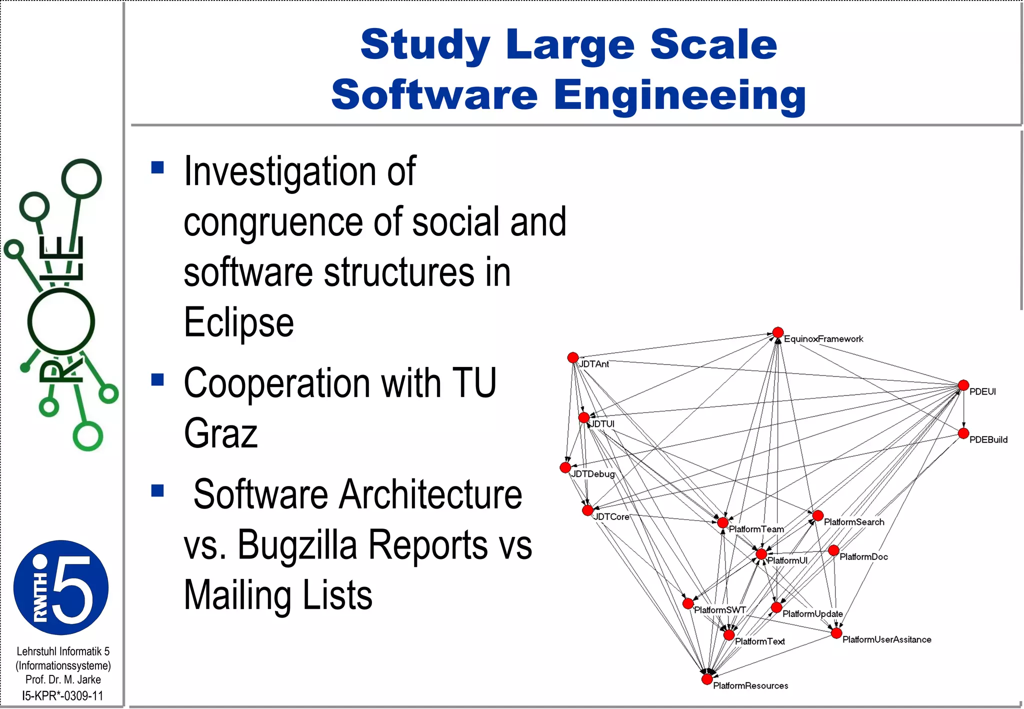 Study Large Scale  Software Engineeing  Investigation of congruence of social and software structures in Eclipse Cooperation with TU Graz Software Architecture vs. Bugzilla Reports vs Mailing Lists 