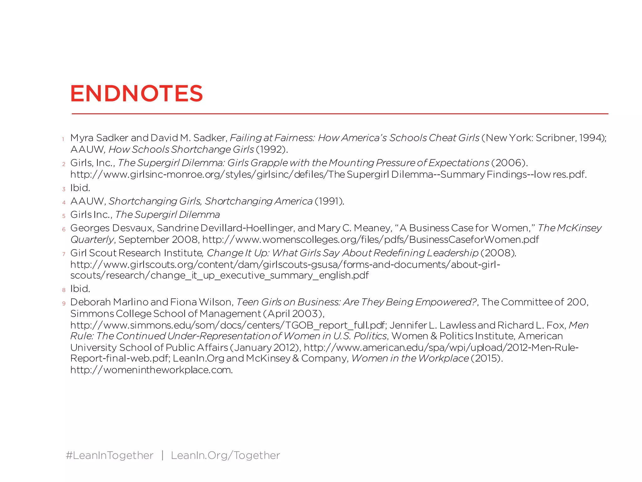 #LeanInTogether | LeanIn.Org/Together
ENDNOTES
1 Myra Sadker and David M. Sadker, Failing atFairness: How America’s SchoolsCheatGirls(NewYork: Scribner, 1994);
AAUW, How SchoolsShortchangeGirls(1992).
2 Girls, Inc., TheSupergirl Dilemma: GirlsGrapplewith theMounting Pressureof Expectations (2006).
http://www.girlsinc-monroe.org/styles/girlsinc/defiles/TheSupergirl Dilemma--SummaryFindings--lowres.pdf.
3 Ibid.
4 AAUW, Shortchanging Girls, Shortchanging America (1991).
5 GirlsInc., TheSupergirl Dilemma
6 Georges Desvaux, SandrineDevillard-Hoellinger, and MaryC. Meaney, “A BusinessCasefor Women,” TheMcKinsey
Quarterly, September 2008, http://www.womenscolleges.org/files/pdfs/BusinessCaseforWomen.pdf
7 Girl ScoutResearch Institute, ChangeIt Up: WhatGirlsSay AboutRedefining Leadership (2008).
http://www.girlscouts.org/content/dam/girlscouts-gsusa/forms-and-documents/about-girl-
scouts/research/change_it_up_executive_summary_english.pdf
8 Ibid.
9 Deborah Marlino and Fiona Wilson, Teen Girlson Business: AreThey Being Empowered?, TheCommitteeof 200,
SimmonsCollegeSchool of Management(April 2003),
http://www.simmons.edu/som/docs/centers/TGOB_report_full.pdf; JenniferL. Lawlessand Richard L. Fox, Men
Rule: TheContinued Under-Representationof Women in U.S. Politics, Women & PoliticsInstitute, American
University School of Public Affairs(January2012), http://www.american.edu/spa/wpi/upload/2012-Men-Rule-
Report-final-web.pdf; LeanIn.Org and McKinsey& Company, Women in theWorkplace(2015).
http://womenintheworkplace.com.
 