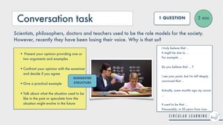 Conversation task 3 min
1 QUESTION
Scientists, philosophers, doctors and teachers used to be the role models for the society.
However, recently they have been losing their voice. Why is that so?
I truly believe that ...


It might be due to ...


For example ...
 
 
Do you believe that ... ?
 
 
I see your point, but I'm still deeply
convinced that ...
 
.


Actually, some months ago my cousin
...


It used to be that ...
 
Presumably, in 20 years from now...
• Present your opinion providing one or
two arguments and examples
 
•Confront your opinion with the examiner
and decide if you agree
 
•Give a practical example
 
•Talk about what the situation used to be
like in the past or speculate how the
situation might evolve in the future
SUGGESTED
STRUCTURE
 