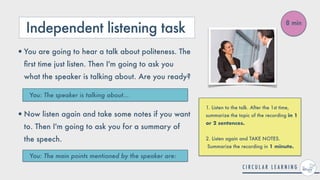 Independent listening task
1. Listen to the talk. After the 1st time,
summarize the topic of the recording in 1
or 2 sentences.
 
2. Listen again and TAKE NOTES.
 
Summarize the recording in 1 minute.
You: The main points mentioned by the speaker are:
•You are going to hear a talk about politeness. The
fi
rst time just listen. Then I'm going to ask you
what the speaker is talking about. Are you ready?
 
 
•Now listen again and take some notes if you want
to. Then I'm going to ask you for a summary of
the speech.
You: The speaker is talking about...
8 min
 