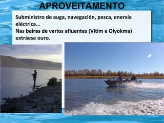 APROVEITAMENTO
Subministro de auga, navegación, pesca, enerxía
eléctrica...
Nas beiras de varios afluentes (Vitim e Olyokma)
extráese ouro.

 