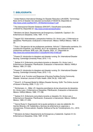 17
7. BIBLIOGRAFÍA
1
United Nations International Strategy for Disaster Reduction (UN-ISDR). Terminology:
Basic terms of disaster risk reduction [consultado 21/05/2013]. Disponible en:
http://www.unisdr.org/files/7817_7819isdrterminology11.pdf
2
The Internacional Disaster Database (EM-DAT). Classification [consultado
21/05/2013]. Disponible en: http://www.emdat.be/classification
3
Ministerio de Salud, Departamento de Emergencia y Catástrofe. Capítulo I. En:
Enfermería en Desastres. Chile; 1997. 11-15.
4
Taggart S.B. Antecedentes y perspectiva histórica. En: Arvizu Lara J. Enfermería en
Desastres: Planificación, Evaluación e Intervención. México: HARLA México; 1989. 9-
22.
5
Título I, Del ejercicio de las profesiones sanitarias. Artículo 7, Diplomados sanitarios. En:
Constitución Española. Ley 44/2003, de 21 de noviembre, de ordenación de las
profesiones sanitarias. BOE núm. 280. España; 2003. 3-7. Disponible en:
http://www.boe.es/boe/dias/2003/11/22/pdfs/A41442-41458.pdf
6
Powers R. Introduction to disasters and disaster nursing. En: International Disaster
Nursing. Cambridge University Press; 2010. 1-12.
7
Switzer K.H. Enfermería comunitaria durante un desastre. En: Arvizu Lara J.
Enfermería en Desastres: Planificación, Evaluación e Intervención. México: HARLA
México; 1989. 211-252.
8
Powers R. Introduction to disasters and disaster nursing. En: International Disaster
Nursing. Cambridge University Press; 2010. 1-12.
9
Saliba D. et al. Function and Response of Nursing Facilities During Community
Disaster. American Journal of Public Health. 2004; 94 (8): 1436-1441.
10
Wynd C. A Proposed Model for Military Disaster Nursing. OJIN: The Online Journal
of Issues in Nursing. 2006; 11 (3): 1-11.
11
Richtsmeier J.L., Miller J.R. Aspectos psicológicos de las situaciones de desastres.
En: Arvizu Lara J. Enfermería en Desastres: Planificación, Evaluación e Intervención.
México: HARLA México; 1989. 171-186.
12
Switzer K.H. Enfermería comunitaria durante un desastre. En: Arvizu Lara J.
Enfermería en Desastres: Planificación, Evaluación e Intervención. México: HARLA
México; 1989. 211-252.
13
García Ruise S. Organización de la ayuda sanitaria en caso de catástrofe. En:
Garrido Miranda J.M. Catástrofes y técnicas de enfermería en urgencias y
emergencias. Primera edición. España: Gráficas la Paz de Torredonjimeno, S.L.; 2010.
157-206.
14
Ministerio de Salud, Departamento de Emergencia y Catástrofe. Capítulo VI. En:
Enfermería en Desastres. Chile; 1997. 41-50.
 