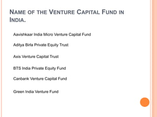 NAME OF THE VENTURE CAPITAL FUND IN
INDIA.

 Aavishkaar India Micro Venture Capital Fund

 Aditya Birla Private Equity Trust


 Axis Venture Capital Trust


 BTS India Private Equity Fund

 Canbank Venture Capital Fund


 Green India Venture Fund
 