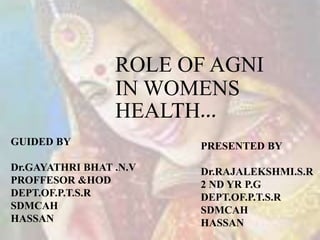 ROLE OF AGNI
IN WOMENS
HEALTH...
GUIDED BY
Dr.GAYATHRI BHAT .N.V
PROFFESOR &HOD
DEPT.OF.P.T.S.R
SDMCAH
HASSAN
PRESENTED BY
Dr.RAJALEKSHMI.S.R
2 ND YR P.G
DEPT.OF.P.T.S.R
SDMCAH
HASSAN
 