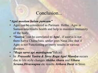 Conclusion...
“Agni moolam balam pumsam”
• Agni can be considered as Parinam Hethu . Agni in
Samaavasta results health and...