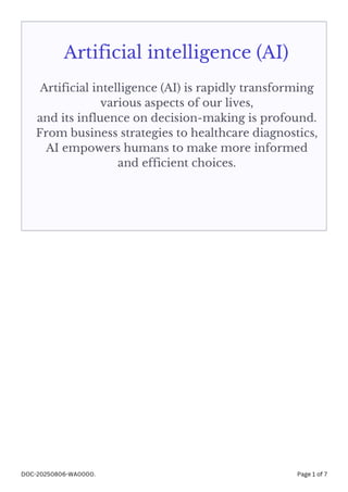 Emerging Role of Artificial Intelligence in Modern Society | PDF