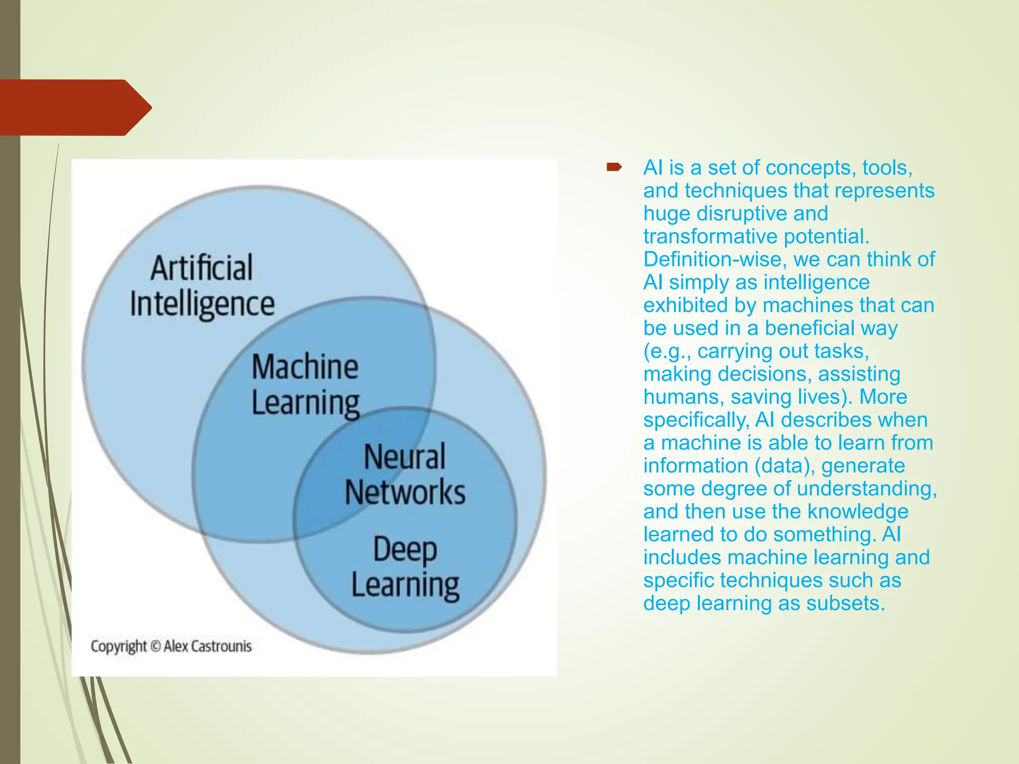  AI is a set of concepts, tools,
and techniques that represents
huge disruptive and
transformative potential.
Definition-wise, we can think of
AI simply as intelligence
exhibited by machines that can
be used in a beneficial way
(e.g., carrying out tasks,
making decisions, assisting
humans, saving lives). More
specifically, AI describes when
a machine is able to learn from
information (data), generate
some degree of understanding,
and then use the knowledge
learned to do something. AI
includes machine learning and
specific techniques such as
deep learning as subsets.
 
