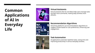 Common
Applications
of AI in
Everyday
Life
Virtual Assistants
Virtual assistants like Siri and Alexa help users manage tasks
through voice commands, making daily activities more
efficient.
Recommendation Algorithms
Streaming platforms use recommendation algorithms to
suggest content based on user preferences, enhancing user
engagement.
Task Automation
AI applications automate repetitive tasks, saving time and
improving productivity in various everyday activities.
 