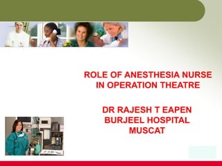 ROLE OF ANESTHESIA NURSE
IN OPERATION THEATRE
DR RAJESH T EAPEN
BURJEEL HOSPITAL
MUSCAT
 