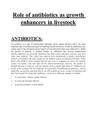 Role of antibiotics as growth
enhancers in livestock
ANTIBIOTICS-
An antibiotic is a type of antimicrobial substance active against bacteria and is the most
important type of antibacterial agent for fighting bactrial infections. Antibiotic medications are
widely used in the treatment and prevention of such infections.They may either kill or inhibit
the growth of bacteria. A limited number of antibiotics also possess antiprotozoal
activity.Antibiotics are powerful medicines that fight certain infections and can save lives
when used properly. They either stop bacteria from reproducing or destroy them.Before
bacteria can multiply and cause symptoms, the immune system can typically kill them. White
blood cells (WBCs) attack harmful bacteria and, even if symptoms do occur, the immune
system can usually cope and fight off the infection.Sometimes, however, the number of
harmful bacteria is excessive, and the immune system cannot fight them all. Antibiotics are
useful in this scenario.The first antibiotic was penicillin. Penicillin-based antibiotics, such as
ampicillin, amoxicillin, and penicillin G, are still available to treat a variety of infections and
have been around for a long time.Antibiotics can be use in following manners in animals-
1. As a preventive measure against diseases.
2. To overcome bacterial infection.
3. As growth promoters in food animals.
 