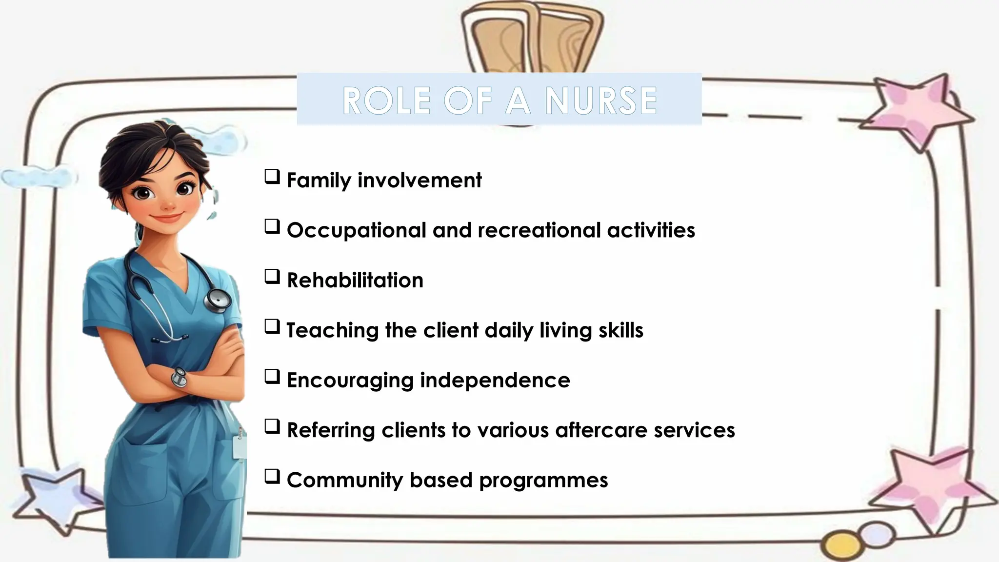 ROLE OF A NURSE
 Family involvement
 Occupational and recreational activities
 Rehabilitation
 Teaching the client daily living skills
 Encouraging independence
 Referring clients to various aftercare services
 Community based programmes
 