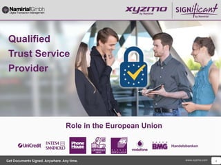 Much More Than Capturing a Signature
www.xyzmo.comGet Documents Signed. Anywhere. Any time. 1
Qualified
Trust Service
Provider
Role in the European Union
 