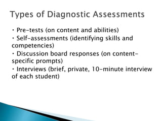 Pre-tests (on content and abilities) 
Self-assessments (identifying skills and 
competencies) 
Discussion board responses (on content-specific 
prompts) 
Interviews (brief, private, 10-minute interview 
of each student) 
 