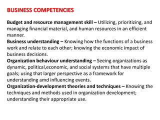 BUSINESS COMPETENCIES
Budget and resource management skill – Utilizing, prioritizing, and
managing financial material, and human resources in an efficient
manner.
Business understanding – Knowing how the functions of a business
work and relate to each other; knowing the economic impact of
business decisions.
Organization behaviour understanding – Seeing organizations as
dynamic, political,economic, and social systems that have multiple
goals; using that larger perspective as a framework for
understanding amd influencing events.
Organization-development theories and techniques – Knowing the
techniques and methods used in organization development;
understanding their appropriate use.
 