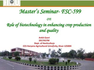 Master’s Seminar- FSC-599
on
Role of biotechnology in enhancing crop production
and quality
Ankit Gavri
2017A57M
Dept. of Horticulture
CCS Haryana Agricultural University, Hisar-125004
 