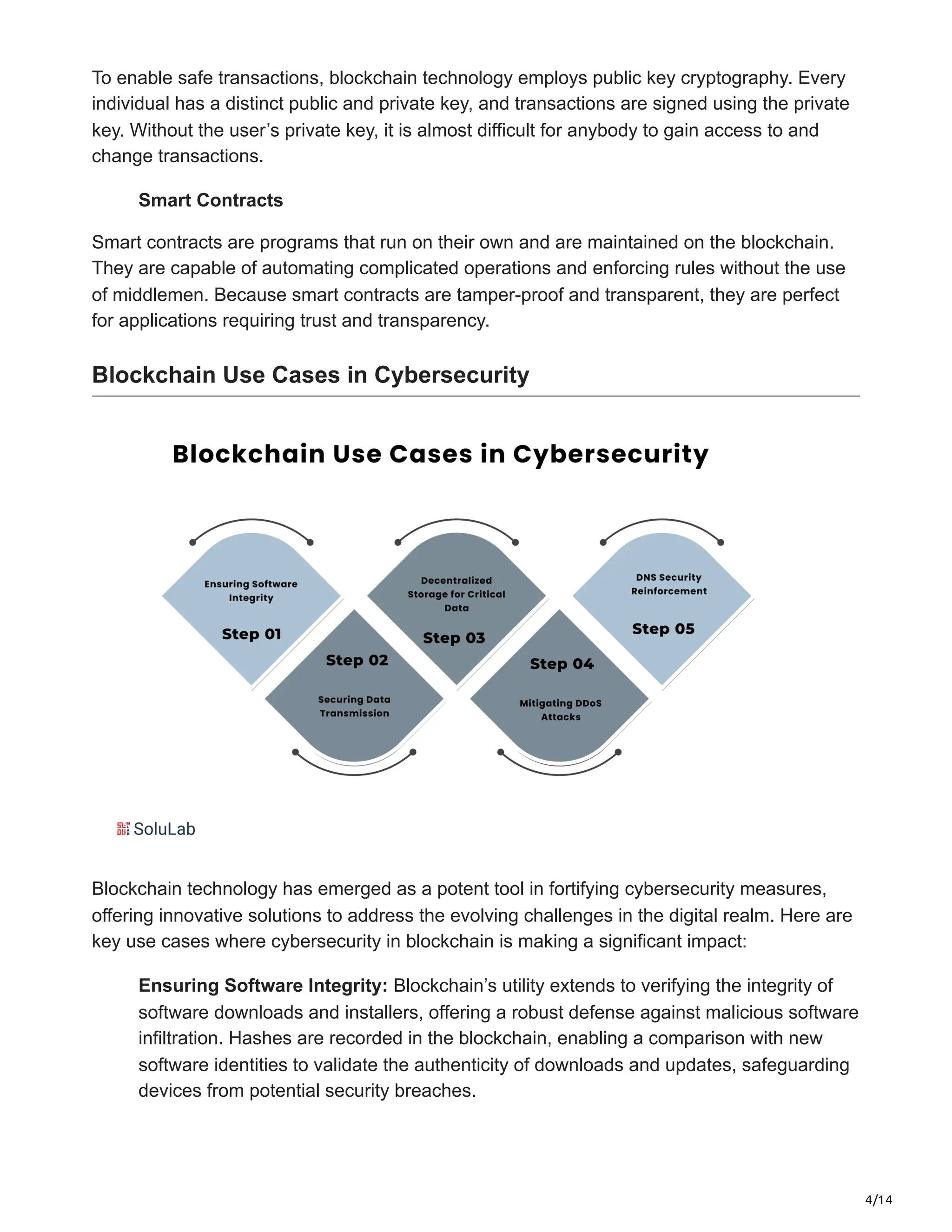 4/14
To enable safe transactions, blockchain technology employs public key cryptography. Every
individual has a distinct public and private key, and transactions are signed using the private
key. Without the user’s private key, it is almost difficult for anybody to gain access to and
change transactions.
Smart Contracts
Smart contracts are programs that run on their own and are maintained on the blockchain.
They are capable of automating complicated operations and enforcing rules without the use
of middlemen. Because smart contracts are tamper-proof and transparent, they are perfect
for applications requiring trust and transparency.
Blockchain Use Cases in Cybersecurity
Blockchain technology has emerged as a potent tool in fortifying cybersecurity measures,
offering innovative solutions to address the evolving challenges in the digital realm. Here are
key use cases where cybersecurity in blockchain is making a significant impact:
Ensuring Software Integrity: Blockchain’s utility extends to verifying the integrity of
software downloads and installers, offering a robust defense against malicious software
infiltration. Hashes are recorded in the blockchain, enabling a comparison with new
software identities to validate the authenticity of downloads and updates, safeguarding
devices from potential security breaches.
 