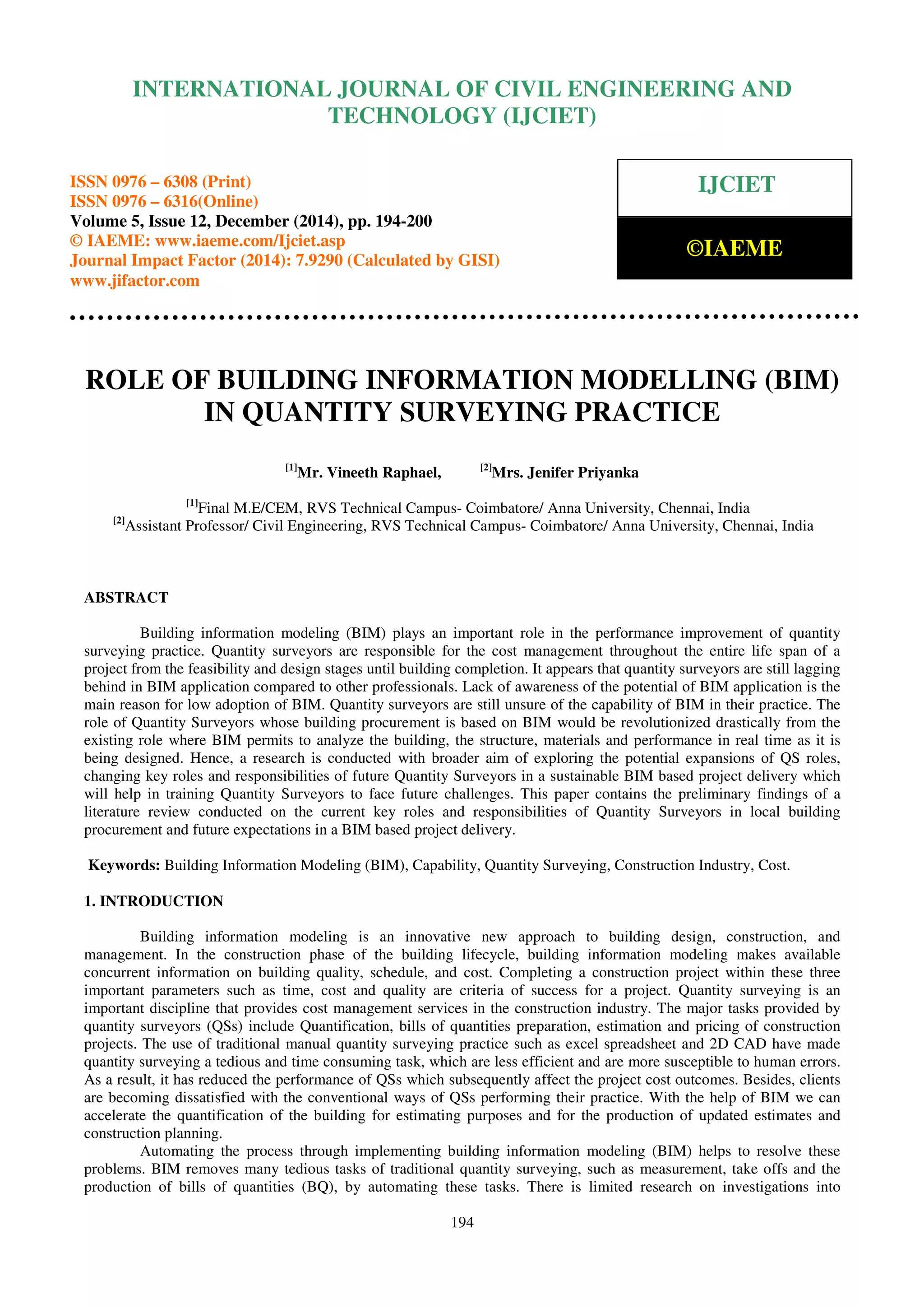 Role of building information modelling bim in quantity surveying ...