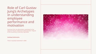 Role of Carl Gustav
Jung’s Archetypes
in understanding
employee
performance and
motivation
Summary from my dissertation submitted for the
award of “Doctor of Business Administration "degree
at the Canterbury University, Seychelles
Sandeep Kulshrestha
Thesis originally Submitted in 2006
 