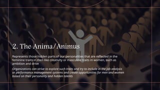 2. The Anima/Animus
Represents those hidden parts of our personalities that are reflected in the
feminine traits in men like creativity or masculine traits in women, such as
ambition and drive
Organizations can strive to explore such traits and try to include in the job analysis
or performance management systems and create opportunities for men and women
based on their personality and hidden talents
 