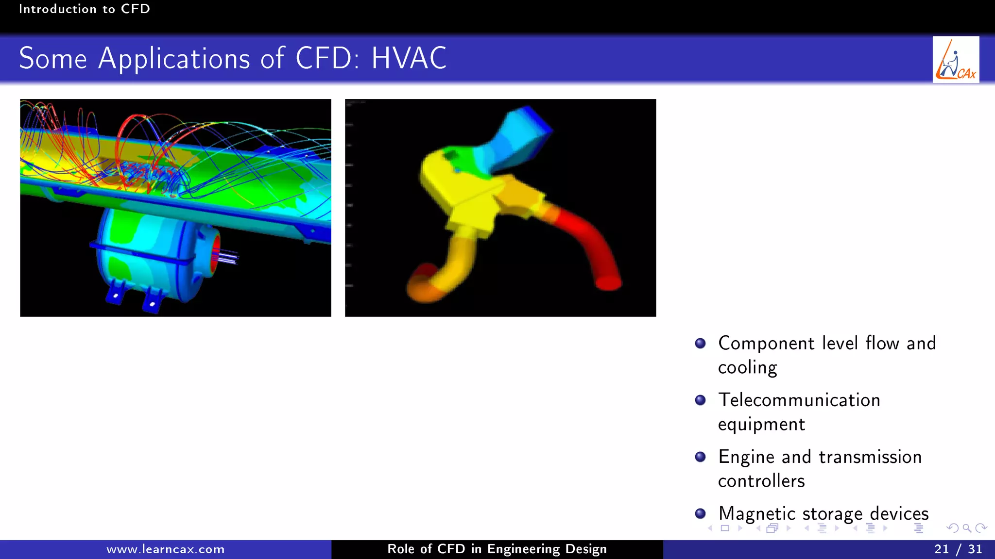 Introduction to CFD
Some Applications of CFD: HVAC
Component level ow and
cooling
Telecommunication
equipment
Engine and transmission
controllers
Magnetic storage devices
www.learncax.com Role of CFD in Engineering Design 21 / 31
 