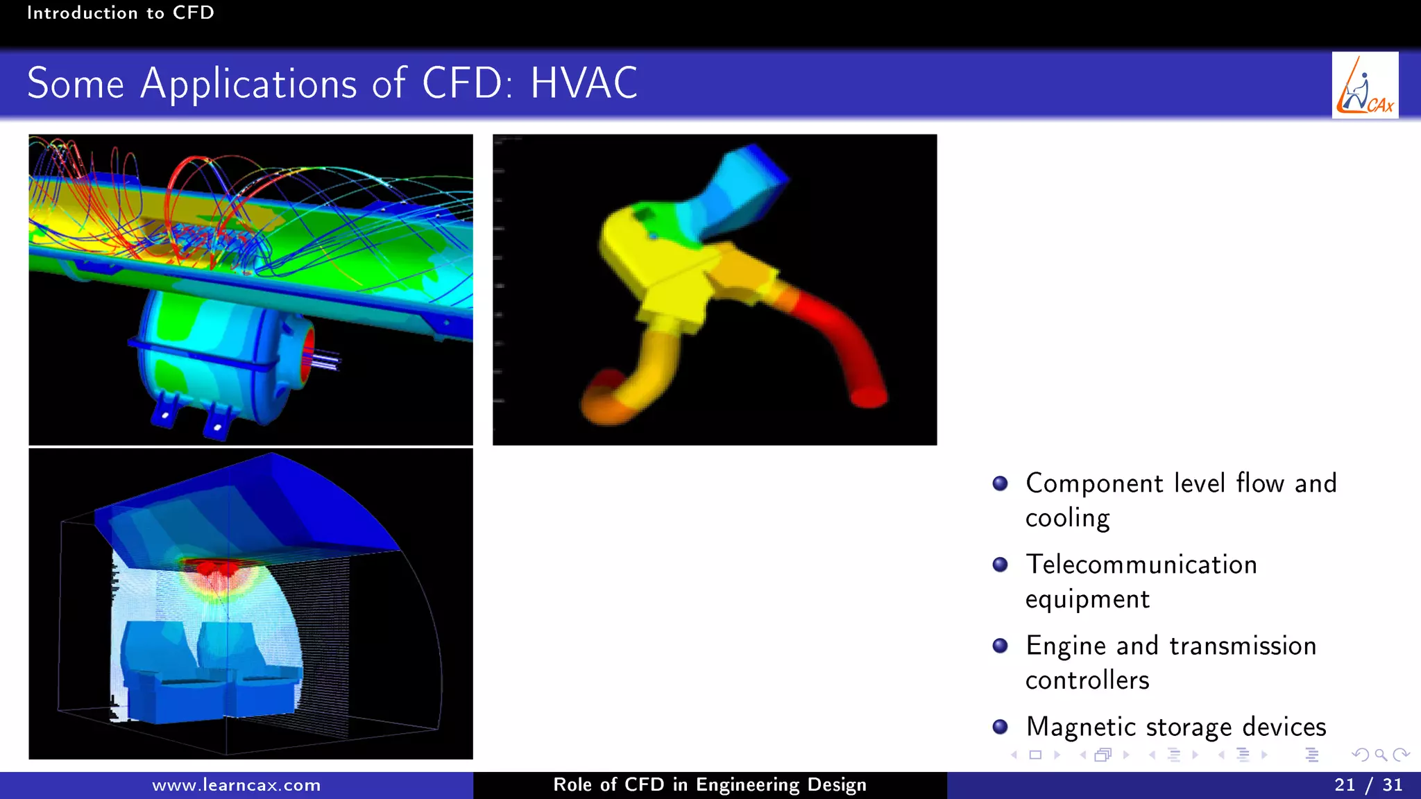Introduction to CFD
Some Applications of CFD: HVAC
Component level ow and
cooling
Telecommunication
equipment
Engine and transmission
controllers
Magnetic storage devices
www.learncax.com Role of CFD in Engineering Design 21 / 31
 