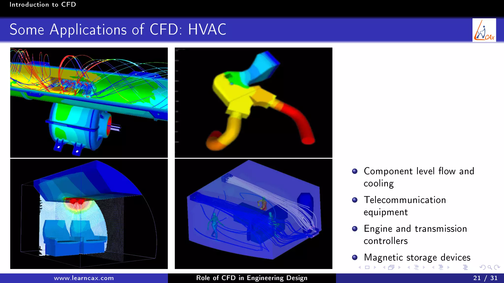 Introduction to CFD
Some Applications of CFD: HVAC
Component level ow and
cooling
Telecommunication
equipment
Engine and transmission
controllers
Magnetic storage devices
www.learncax.com Role of CFD in Engineering Design 21 / 31
 