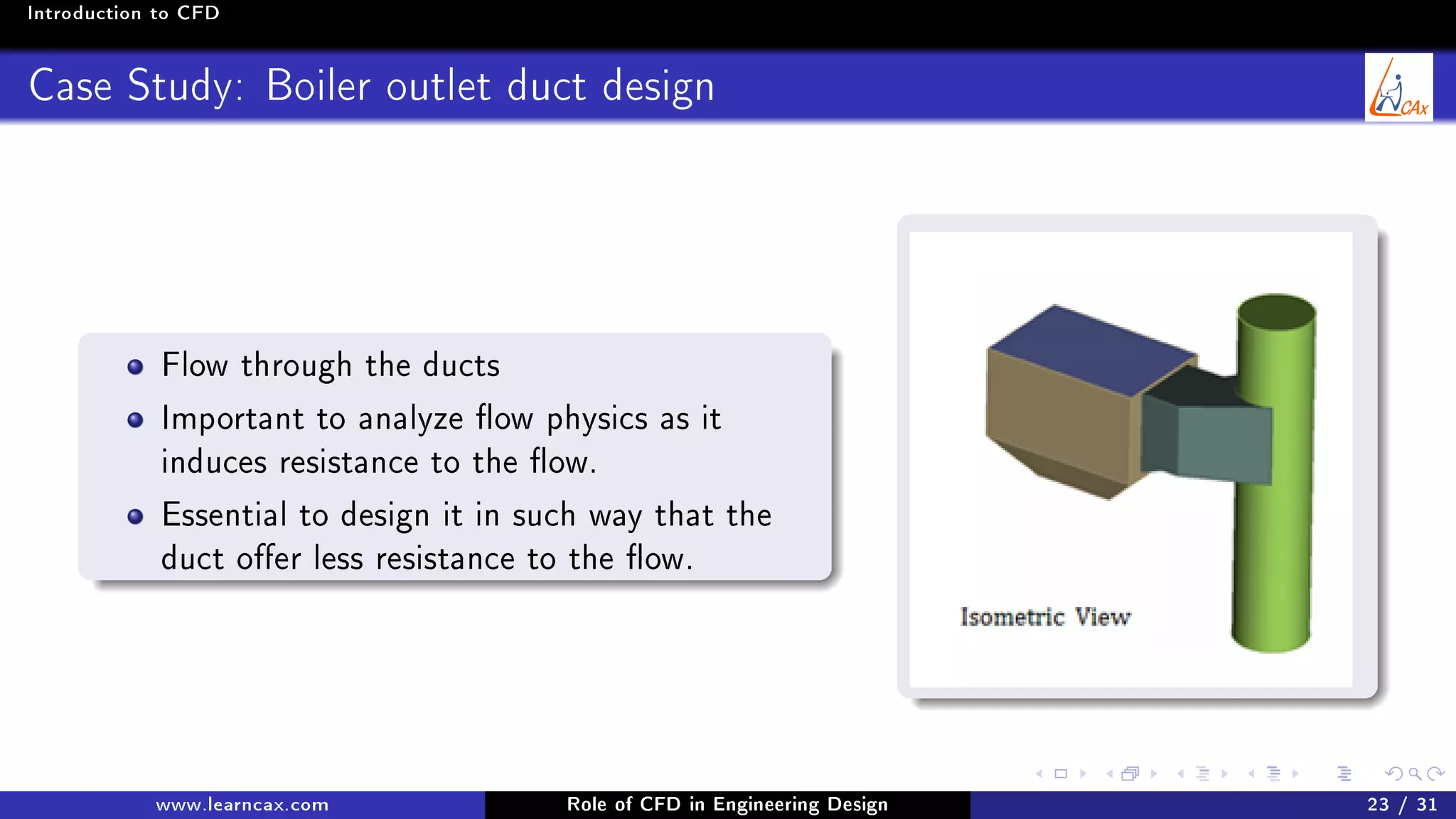 Introduction to CFD
Case Study: Boiler outlet duct design
Flow through the ducts
Important to analyze ow physics as it
induces resistance to the ow.
Essential to design it in such way that the
duct oer less resistance to the ow.
www.learncax.com Role of CFD in Engineering Design 23 / 31
 