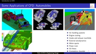 Introduction to CFD
Some Applications of CFD: Automobiles
Air handling systems
Engine cooling
Intake and exhaust manifolds
External aerodynamics
Motor sports
Power train
Oil lters
Combustion chamber
www.learncax.com Role of CFD in Engineering Design 19 / 31
 