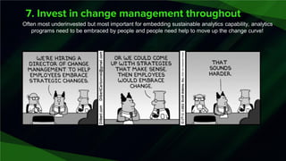 7. Invest in change management throughout
Often most underinvested but most important for embedding sustainable analytics capability, analytics
programs need to be embraced by people and people need help to move up the change curve!
 
