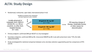 ALTA: Study Design
 Randomized, multicenter, open-label, international phase II trial
 Primary endpoint: confirmed ORR per RECIST v1.1 by investigator
 Secondary endpoints: confirmed ORR by IRC, intracranial ORR/PR by IRC in pts with active brain mets,* PFS, OS, DoR,
safety/tolerability
 Study not designed for statistical comparison between arms, but dose selection supported by post hoc comparisons of PFS
and OS
Locally advanced or
metastatic ALK+ NSCLC,
ECOG PS ≤ 2, PD on
crizotinib, no other ALK-
targeted therapy
(N = 222)
PD requiring change of
therapy, intolerable toxicity,
or other reason for
discontinuation
Brigatinib 90 mg QD
(n = 112)
Brigatinib 180 mg QD*
(n = 110)
Kim D-W, et al. ASCO 2016. Abstract 9007.
*After 7-day lead-in at 90 mg.
Stratified by baseline brain metastases
and best response to prior crizotinib
*Lesions with no previous RT or investigator-assessed PD after prior RT.
 