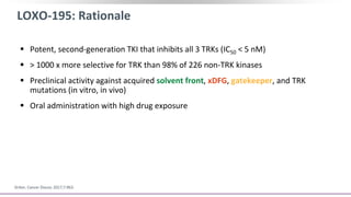 LOXO-195: Rationale
Drilon. Cancer Discov. 2017;7:963.
 Potent, second-generation TKI that inhibits all 3 TRKs (IC50 < 5 nM)
 > 1000 x more selective for TRK than 98% of 226 non-TRK kinases
 Preclinical activity against acquired solvent front, xDFG, gatekeeper, and TRK
mutations (in vitro, in vivo)
 Oral administration with high drug exposure
 