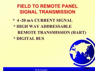 Dr.R.Jayapal
FIELD TO REMOTE PANEL
SIGNAL TRANSMISSION
 * 4 -20 mA CURRENT SIGNAL
* HIGH WAY ADDRESSABLE
REMOTE TRANSMISS...