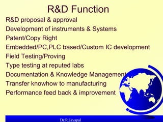 Dr.R.Jayapal
R&D Function
R&D proposal & approval
Development of instruments & Systems
Patent/Copy Right
Embedded/PC,PLC b...