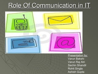 Role Of Communication in IT Presentation by: Varun Bakshi Varun Raj Atri Sachin Shandil Rohit Singla Ashish Gupta 