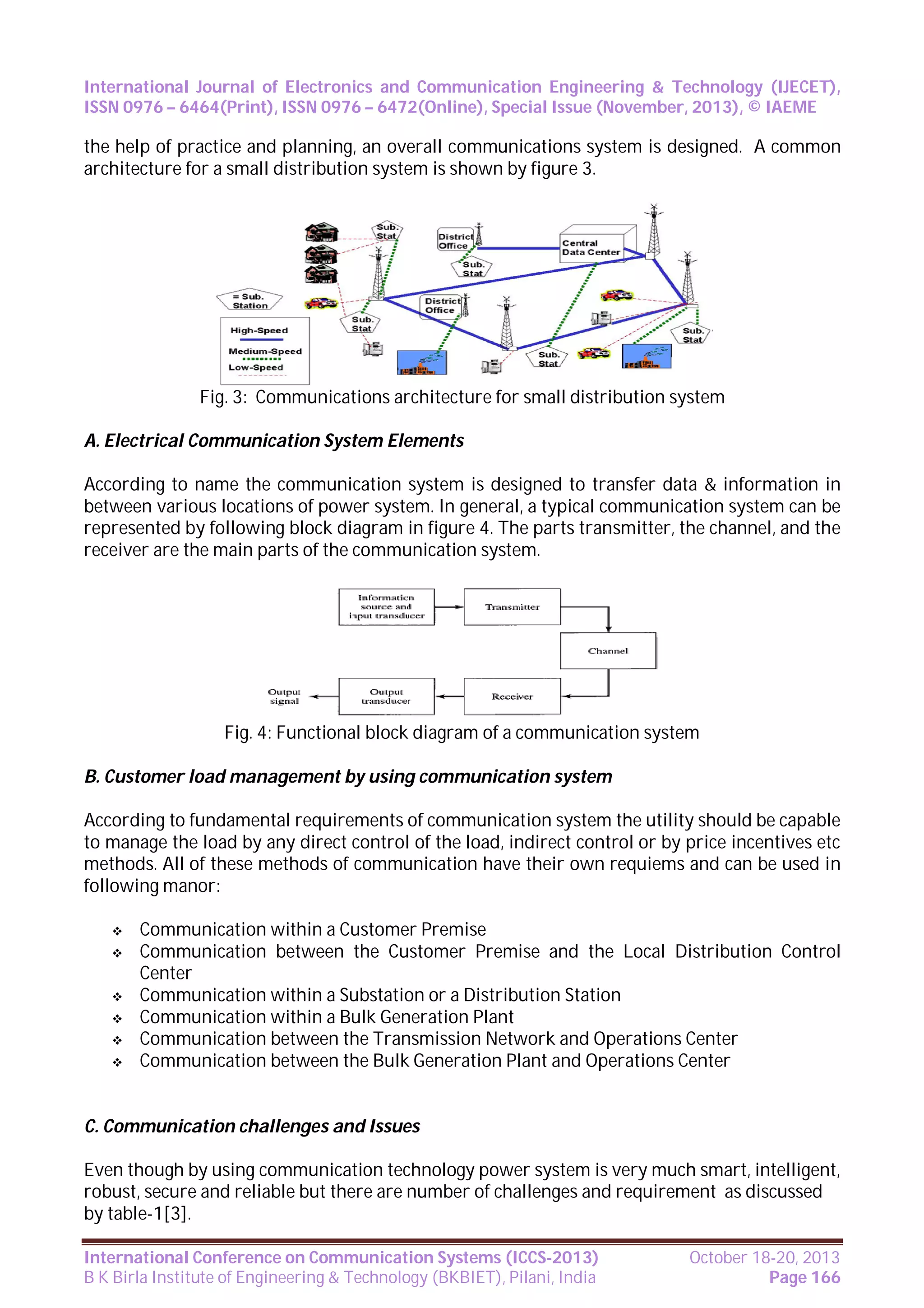 International Journal of Electronics and Communication Engineering & Technology (IJECET),
ISSN 0976 – 6464(Print), ISSN 0976 – 6472(Online), Special Issue (November, 2013), © IAEME

the help of practice and planning, an overall communications system is designed. A common
architecture for a small distribution system is shown by figure 3.

Fig. 3: Communications architecture for small distribution system
A. Electrical Communication System Elements
According to name the communication system is designed to transfer data & information in
between various locations of power system. In general, a typical communication system can be
represented by following block diagram in figure 4. The parts transmitter, the channel, and the
receiver are the main parts of the communication system.

Fig. 4: Functional block diagram of a communication system
B. Customer load management by using communication system
According to fundamental requirements of communication system the utility should be capable
to manage the load by any direct control of the load, indirect control or by price incentives etc
methods. All of these methods of communication have their own requiems and can be used in
following manor:








Communication within a Customer Premise
Communication between the Customer Premise and the Local Distribution Control
Center
Communication within a Substation or a Distribution Station
Communication within a Bulk Generation Plant
Communication between the Transmission Network and Operations Center
Communication between the Bulk Generation Plant and Operations Center

C. Communication challenges and Issues
Even though by using communication technology power system is very much smart, intelligent,
robust, secure and reliable but there are number of challenges and requirement as discussed
by table-1[3].
International Conference on Communication Systems (ICCS-2013)
B K Birla Institute of Engineering & Technology (BKBIET), Pilani, India

October 18-20, 2013
Page 166

 