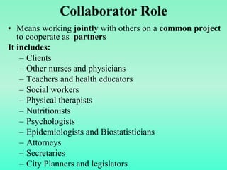 Collaborator Role
• Means working jointly with others on a common project
to cooperate as partners
It includes:
– Clients
– Other nurses and physicians
– Teachers and health educators
– Social workers
– Physical therapists
– Nutritionists
– Psychologists
– Epidemiologists and Biostatisticians
– Attorneys
– Secretaries
– City Planners and legislators
 